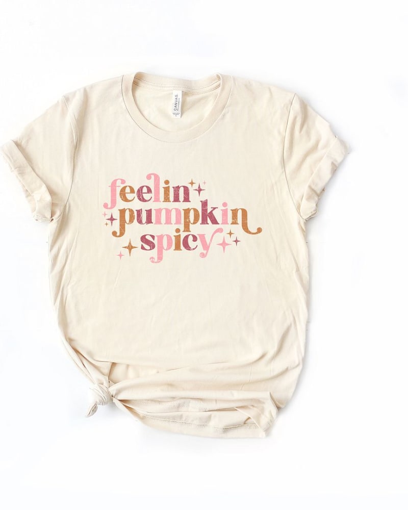 Front of a size XL Feelin Pumpkin Spicy Short Sleeve Graphic Tee in Cream by Simply Sage Market. | dia_product_style_image_id:313386